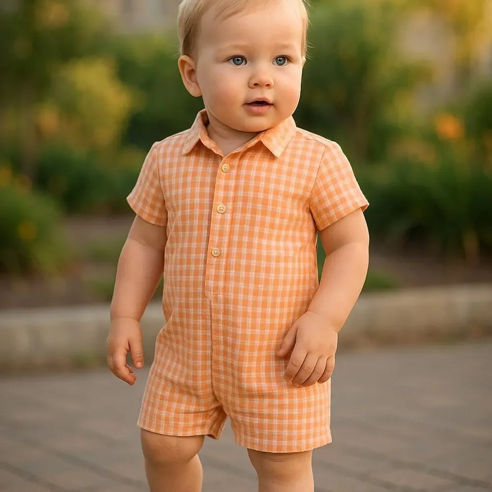 Kidsembles Boys Romper Size 0-6 Months Orange Peach Plaid Preppy‎